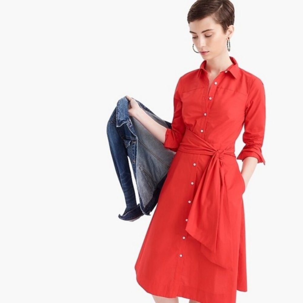 J. CREW Tie Waist Shirtdress Cotton Poplin Bright Cerise Red {I49}